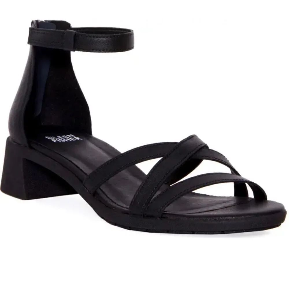 Eileen Fisher Noni Black Leather Ankle Strap Block Heel Sandals Size 6